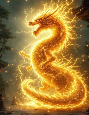 The primary subject of the image is a large, brightly lit dragon with a fiery mane. The dragon is surrounded by a vibrant, colorful environment, with a mix of yellow, orange, and blue hues. The visual style of the image is a digital art or illustration, showcasing the dragon's fiery mane and the vivid colors of the background. The overall atmosphere of the image is energetic and captivating, with the dragon as the central focus.